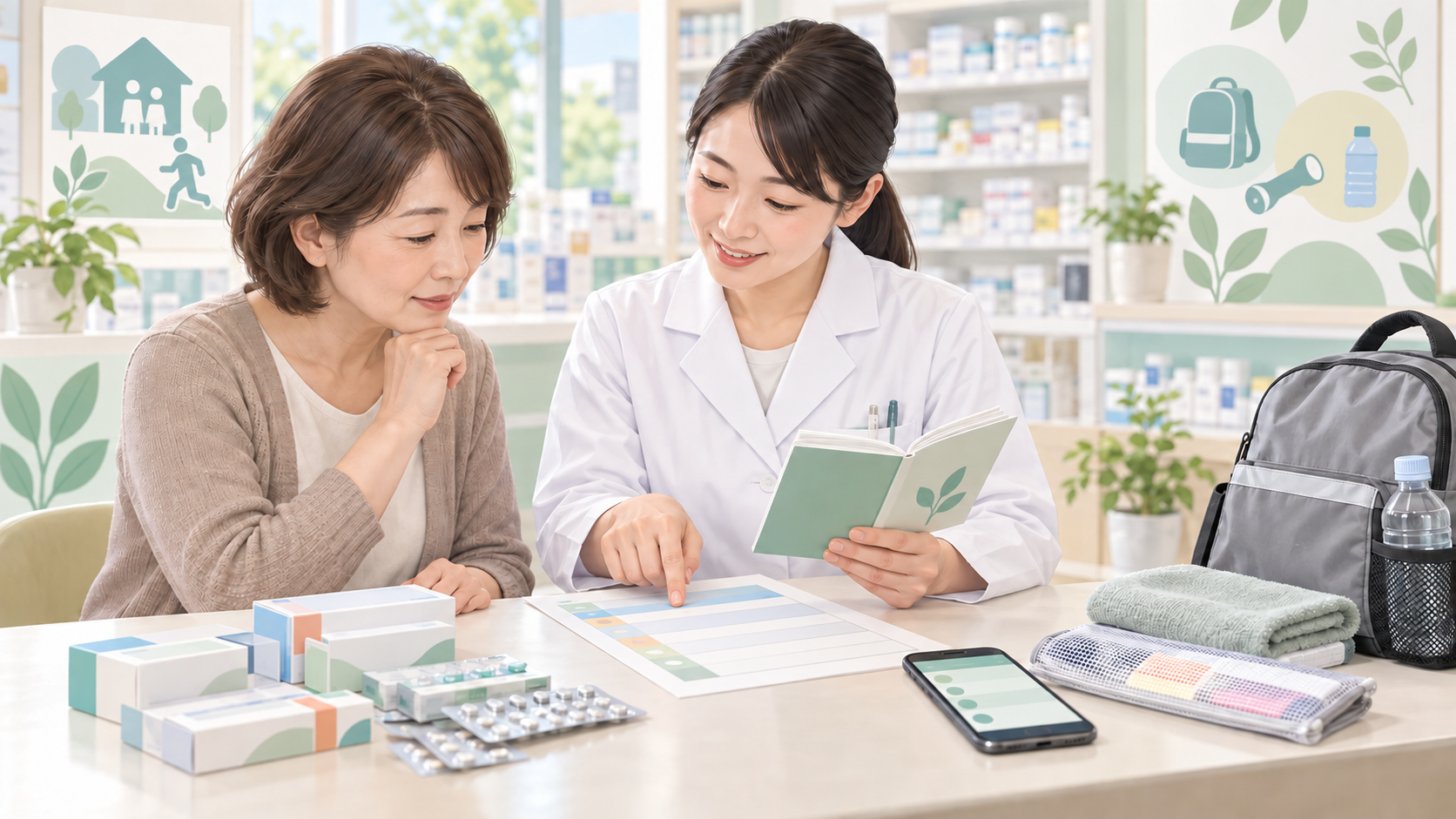 薬剤師と患者が薬の記録と避難用品を確認するイメージ