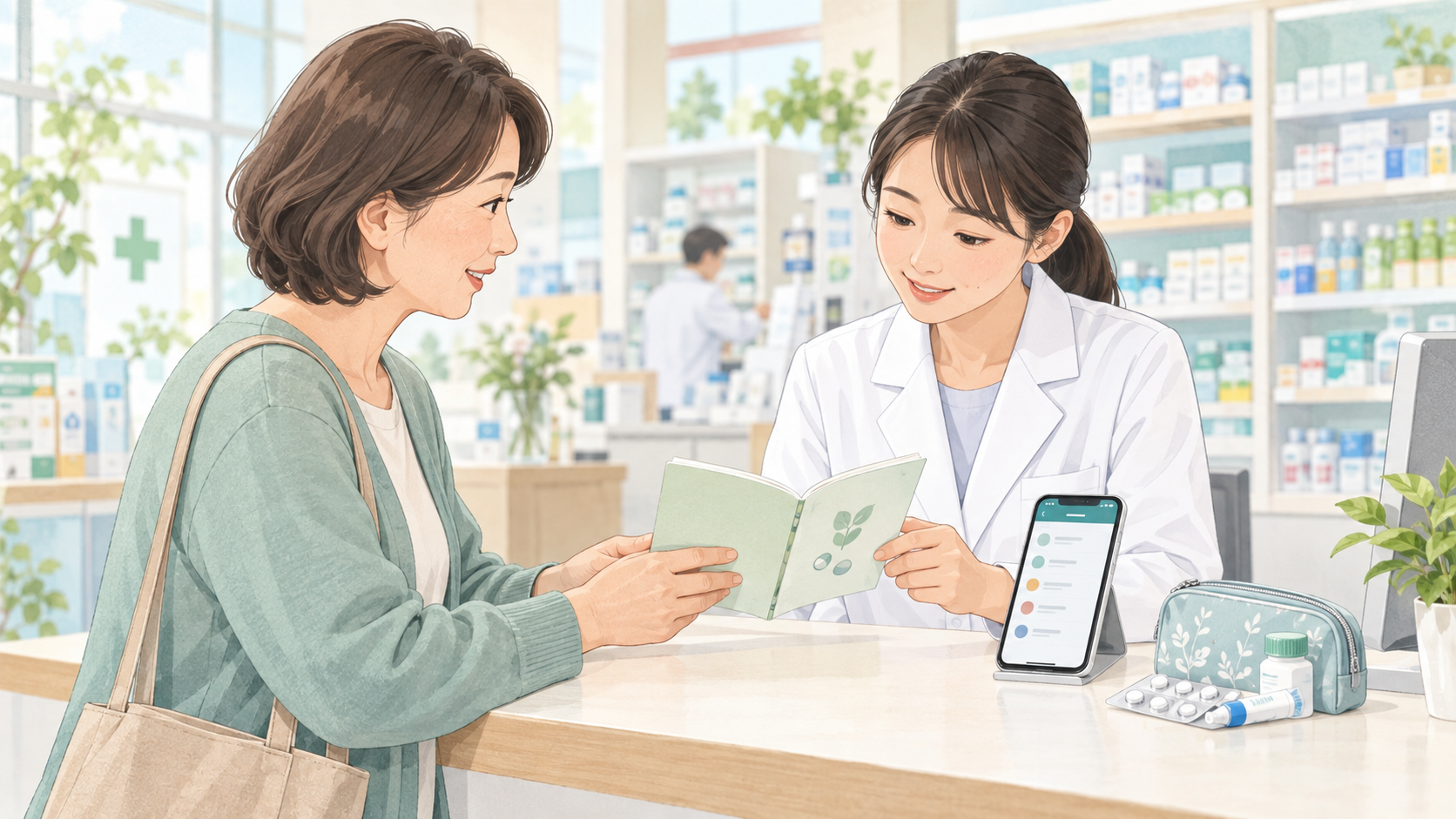 薬局で紙と電子版のお薬手帳を薬剤師に見せる患者のイメージ