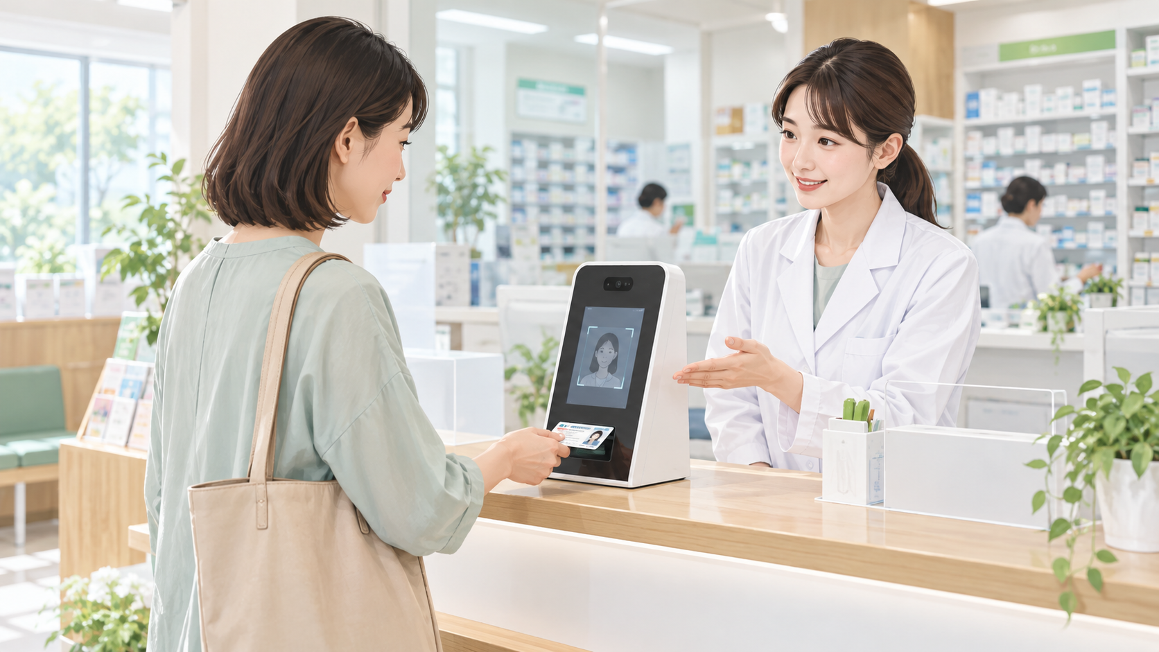 薬局の受付で顔認証付きカードリーダーを使う人のイメージ