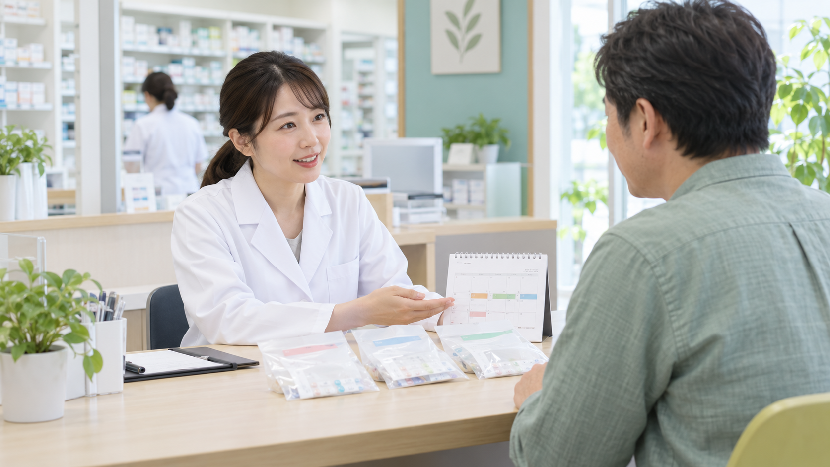 薬剤師と患者が薬の受取予定を確認するイメージ