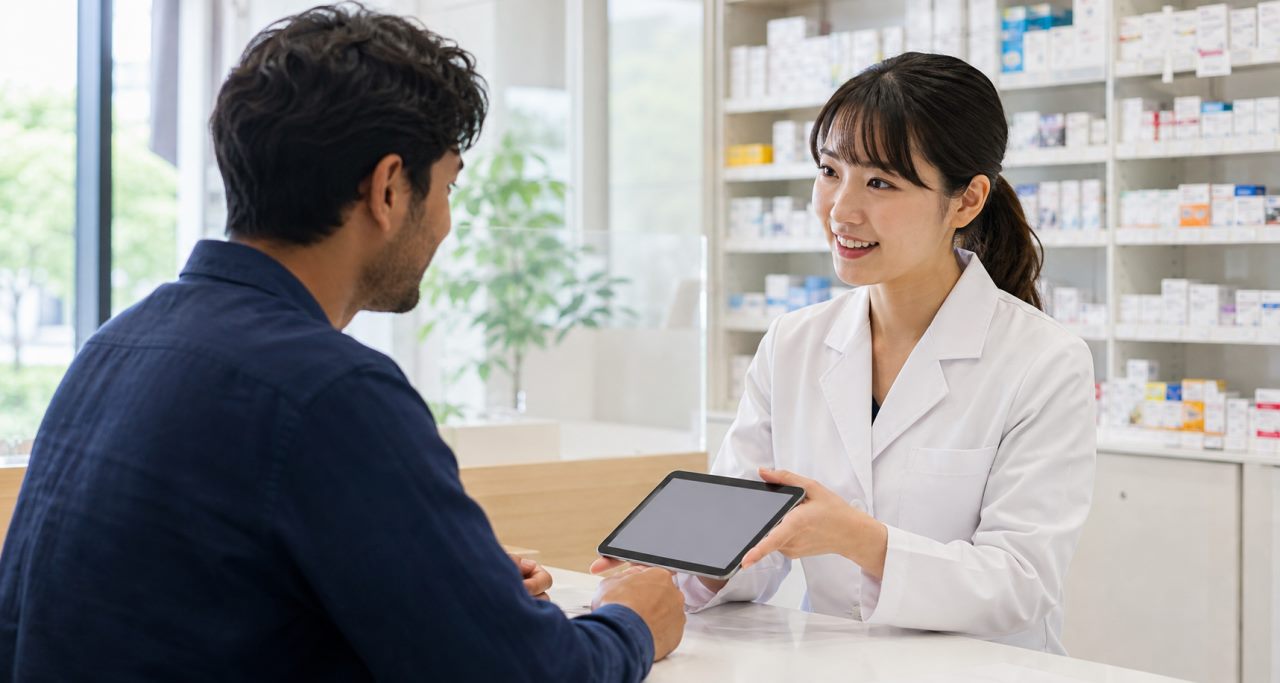 多言語対応について確認する薬剤師のイメージ