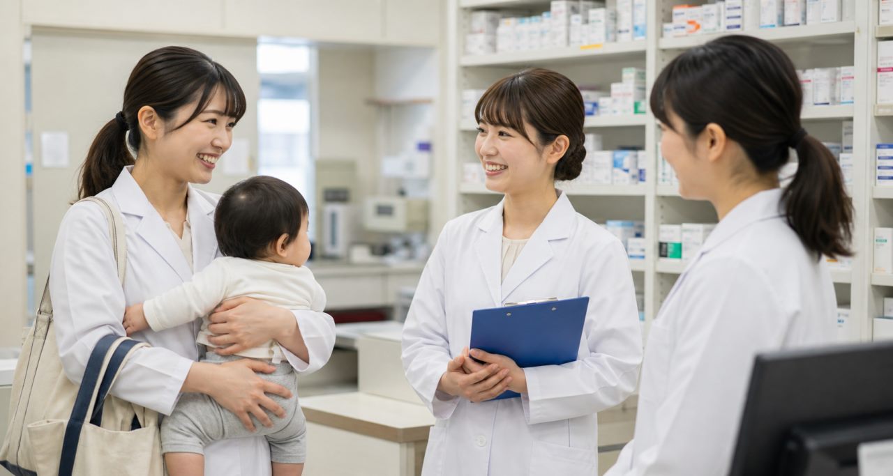育児休業からの復帰について確認する薬剤師のイメージ