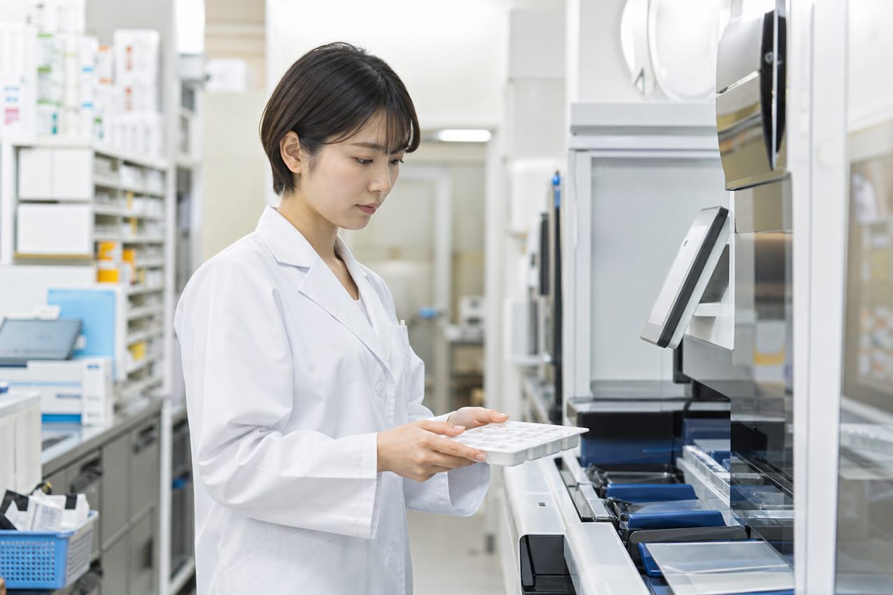 調剤機器・自動化について確認する薬剤師のイメージ