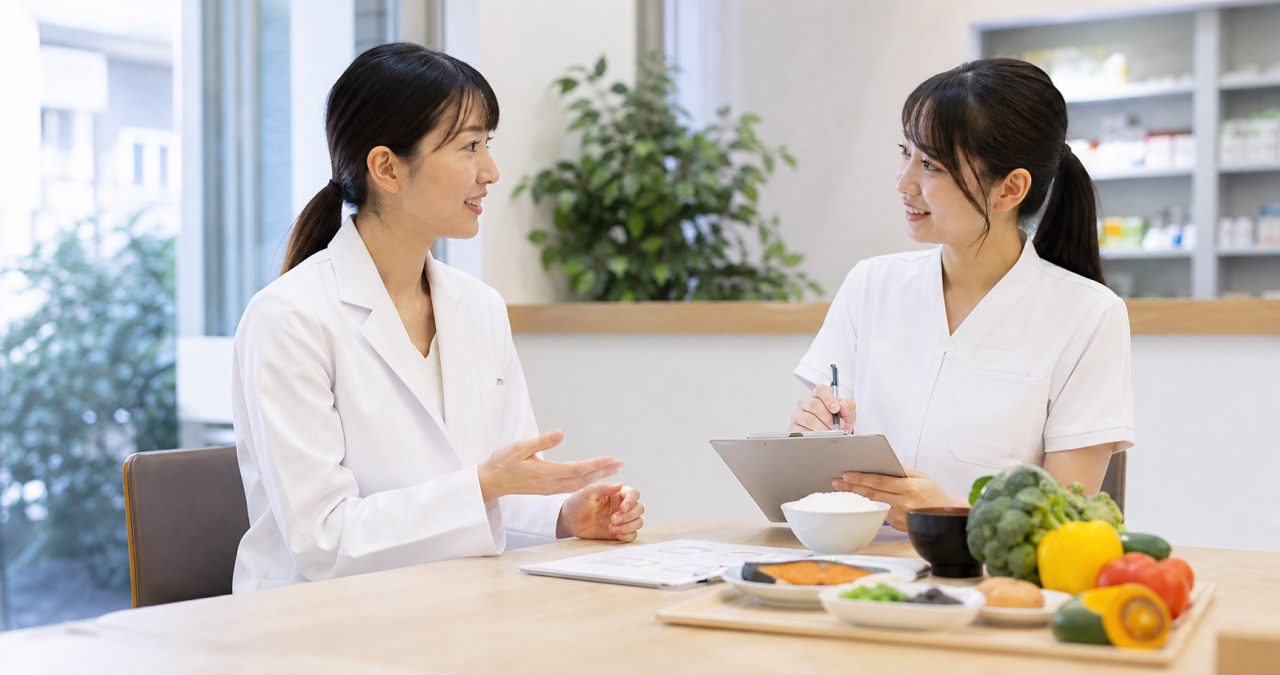 栄養相談との連携について確認する薬剤師のイメージ