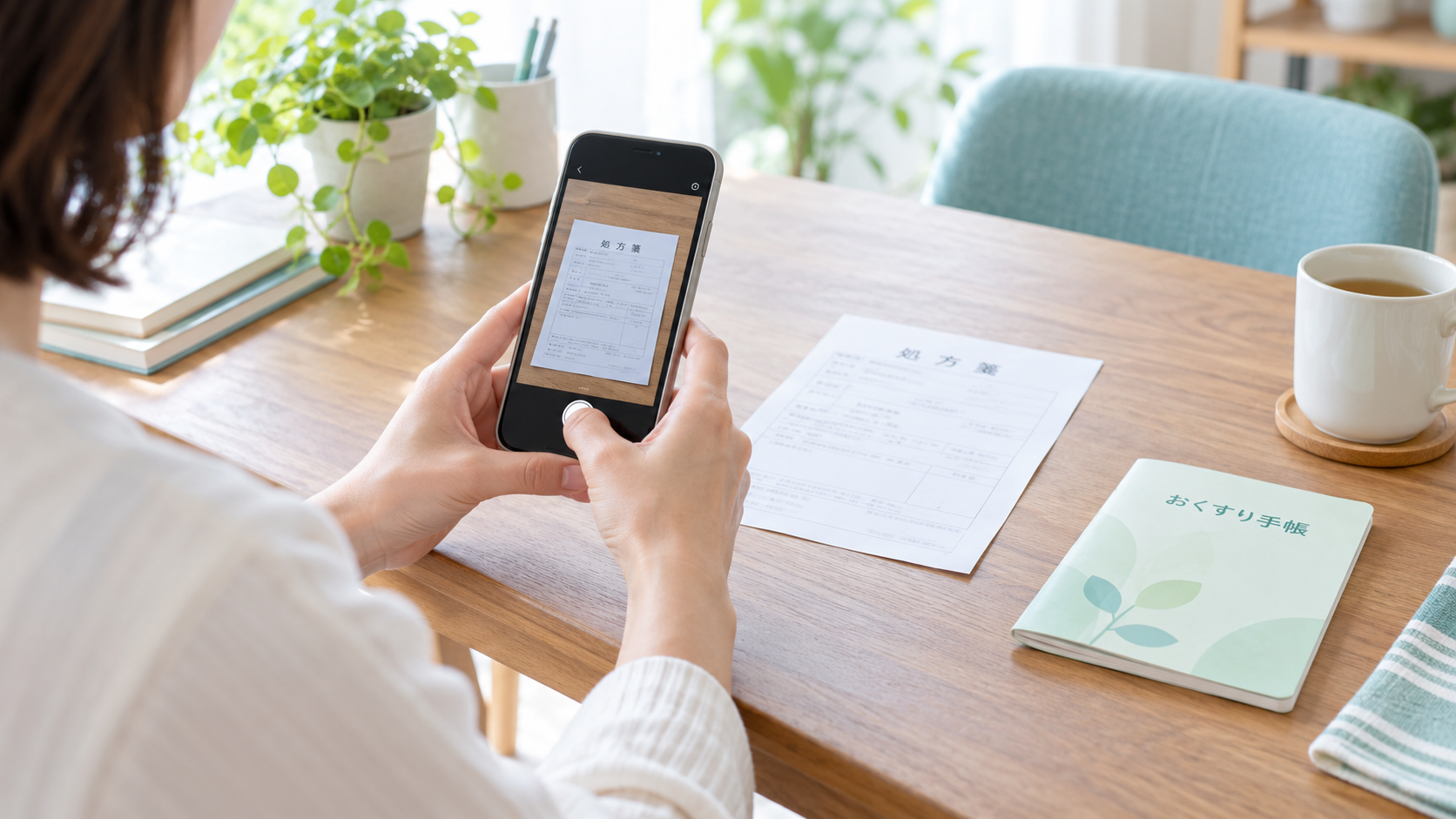 スマートフォンで紙の処方箋を撮影し薬局へ事前送信するイメージ