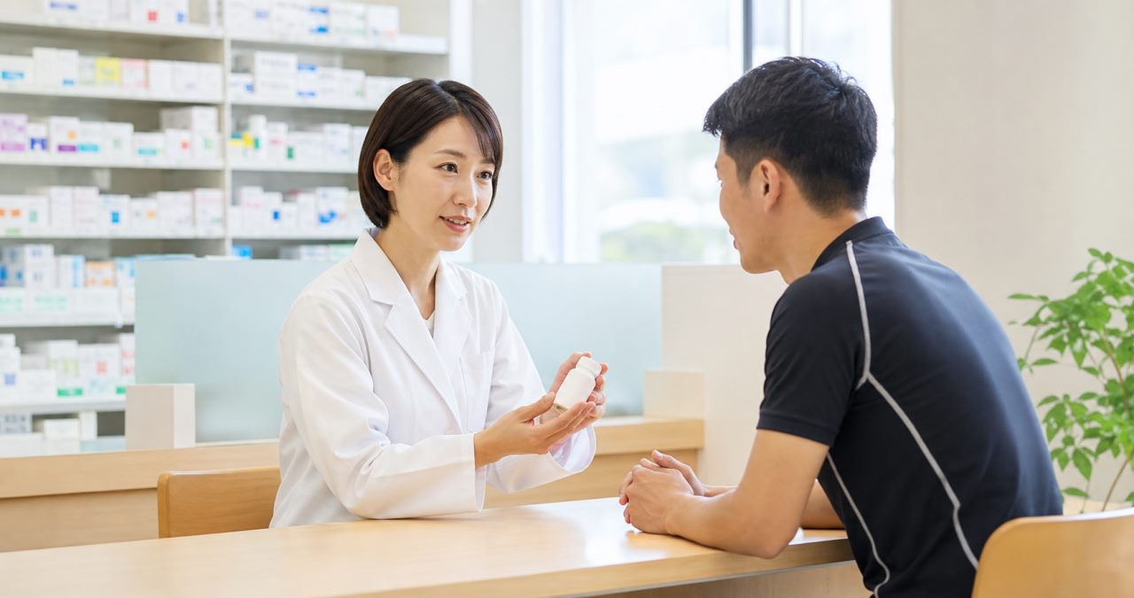 スポーツと薬の相談について確認する薬剤師のイメージ
